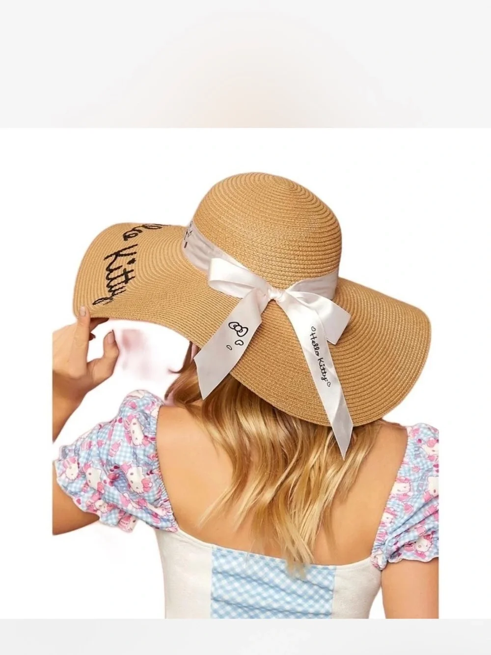Hello Kitty Shein Tan Wide-Brim Floppy Straw Sun Hat with Cream Ribbon Bow